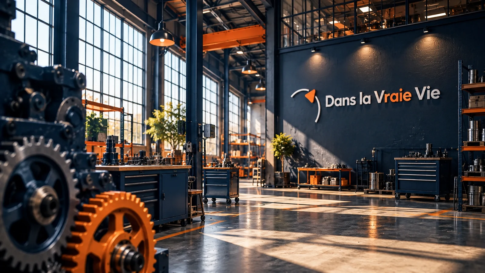 Atelier industriel aux couleurs bleu marine et orange de Dans La Vraie Vie